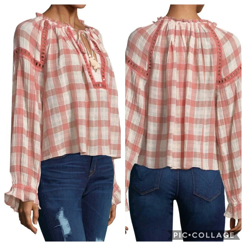 NWT Free People Honey Grove Rust Plaid Blouse